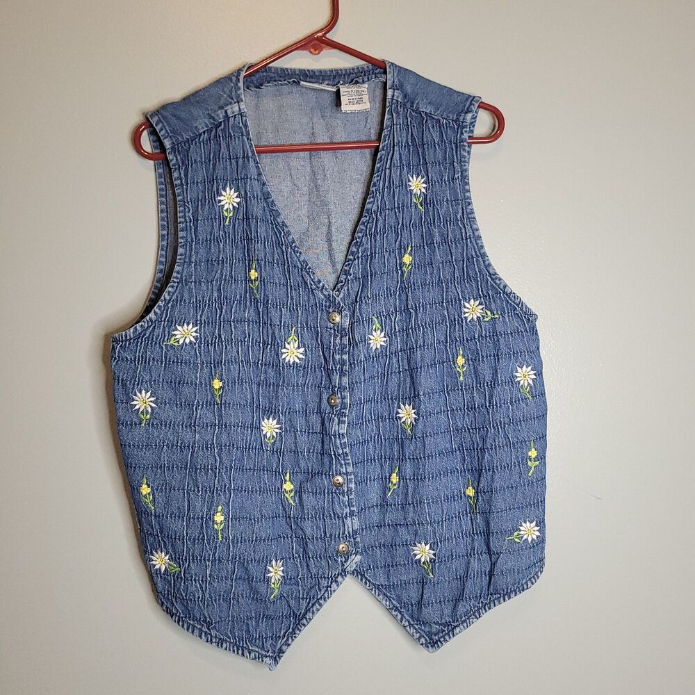 90s Bobbie Brooks Denim Floral Embroidered Vest Lagenlook Cottagecore Size L - Picture 12 of 12